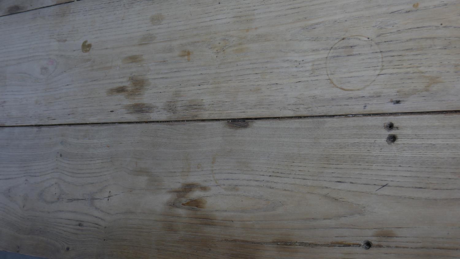 A 19th century refectory dining table with ash planked top on painted base with central frieze - Image 4 of 5