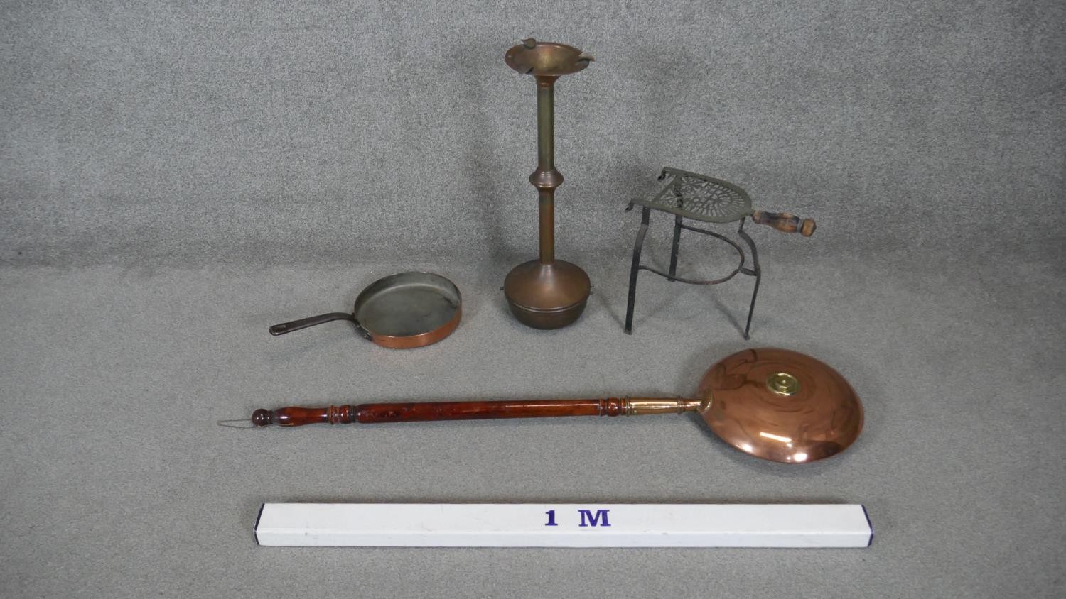 A large Victorian oak and copper bed warmer along with a brass floor standing weighted ash tray, a - Image 2 of 6