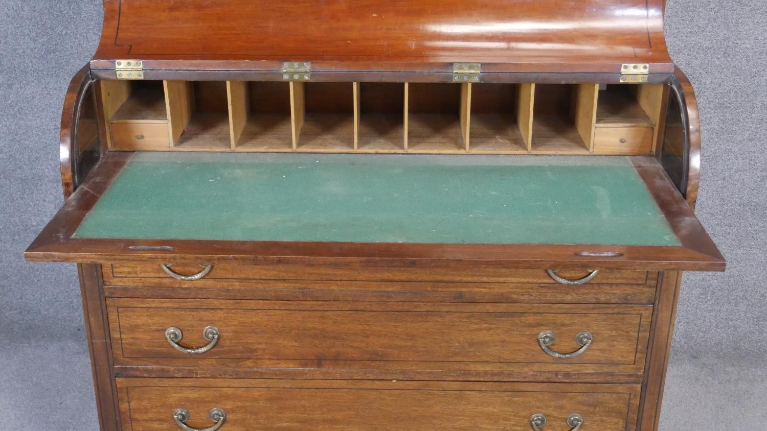 A 19th century mahogany and ebony strung cylinder bureau bookcase with fitted interior on bracket - Image 2 of 5