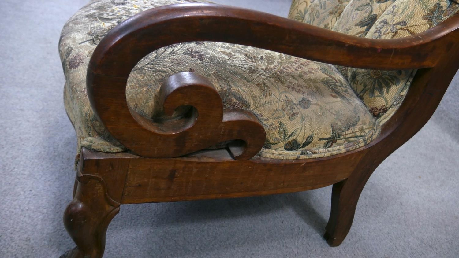 A 19th century mahogany framed spoon back armchair in deep buttoned upholstery on carved cabriole - Image 3 of 5