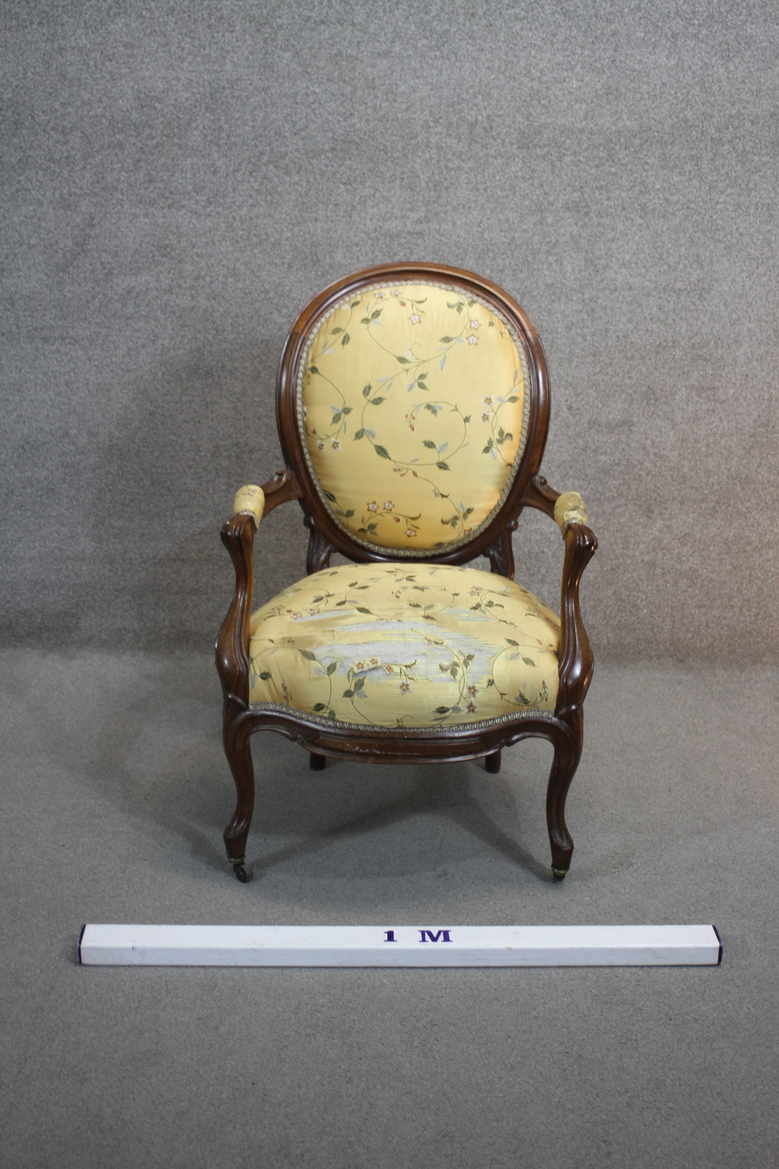 A 19th century mahogany framed French style armchair in floral silk upholstery raised on cabriole - Image 2 of 4