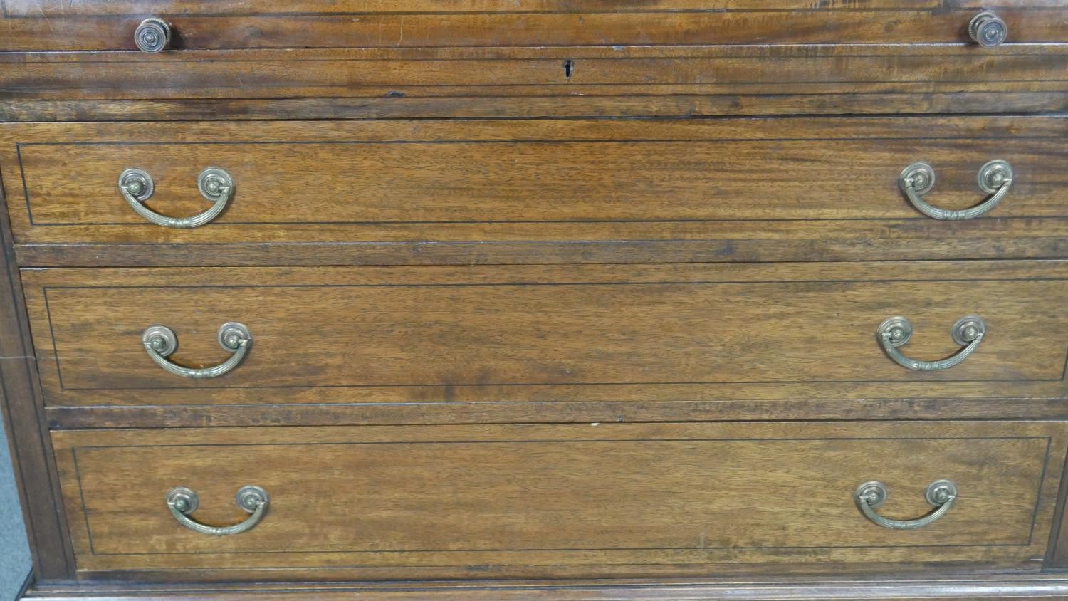 A 19th century mahogany and ebony strung cylinder bureau bookcase with fitted interior on bracket - Image 3 of 5