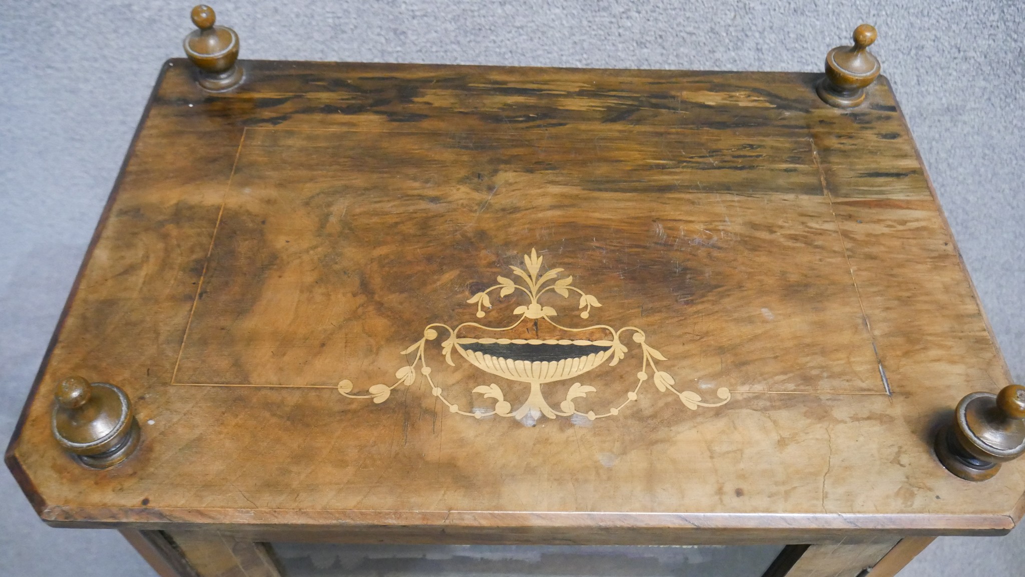 A Victorian walnut and satinwood inlaid music cabinet fitted with sheet music shelves. H. 80 W. 60 - Image 5 of 5