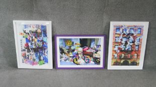 Three contemporary framed and glazed abstract coloured prints. One of a tenement block with white