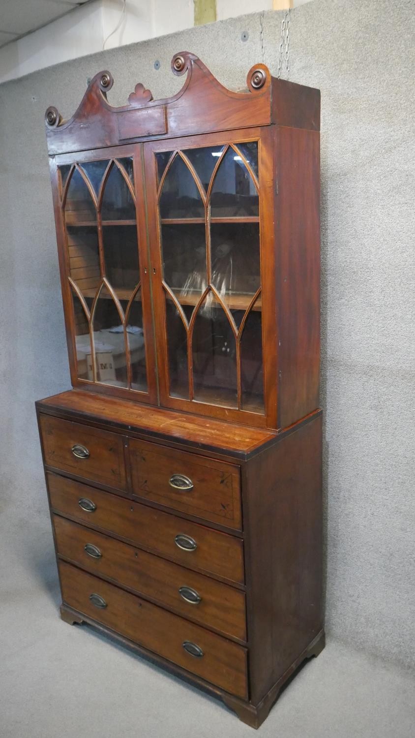 A 19th century mahogany two section secretaire bookcase with scrolling swan neck pediment above - Image 4 of 5