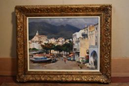 A gilt framed oil on canvas, Spanish harbour scene, signed P. Torraello with inscription to the