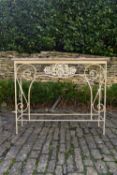 A painted wrought iron console table with rouge veined marble top. H.75 W.115 D.35cm