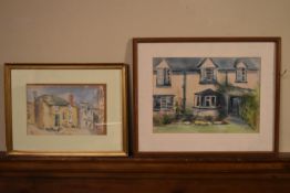 Two framed and glazed watercolours, domestic architecture. H.40 W.48cm (2)