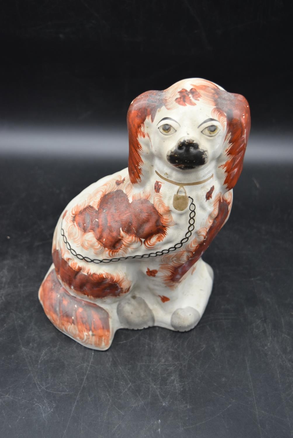 A collection of three 19th century tan and white Staffordshire spaniels. Largest H.26 W.19cm (3) - Image 3 of 9