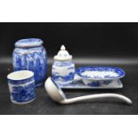 A collection of 19th century blue and white chinaware. Including a willow pattern bowl, a tray,