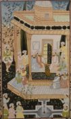 A framed and glazed Indo-Persian watercolour on paper of court room scene. H.84 W.57cm