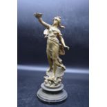 A spelter figure of a Greek goddess standing on a painted stepped base, marked. H.37 Dia.16cm