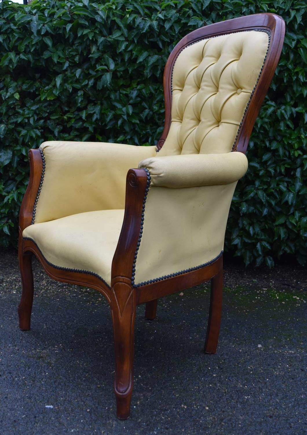 A 19th century style mahogany framed armchair in deep buttoned faux leather upholstery. H.102 W.70 - Image 3 of 4