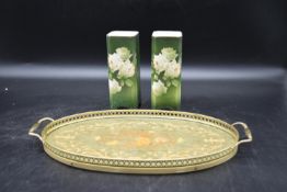 A pair of Japanese Drushki ware vases with floral decoration, along with Sorrentoware oval tray with