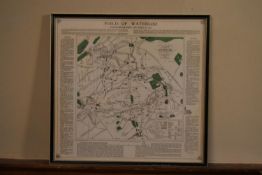 A framed and glazed print, map of 'Field of Waterloo'. H.47 W.50cm