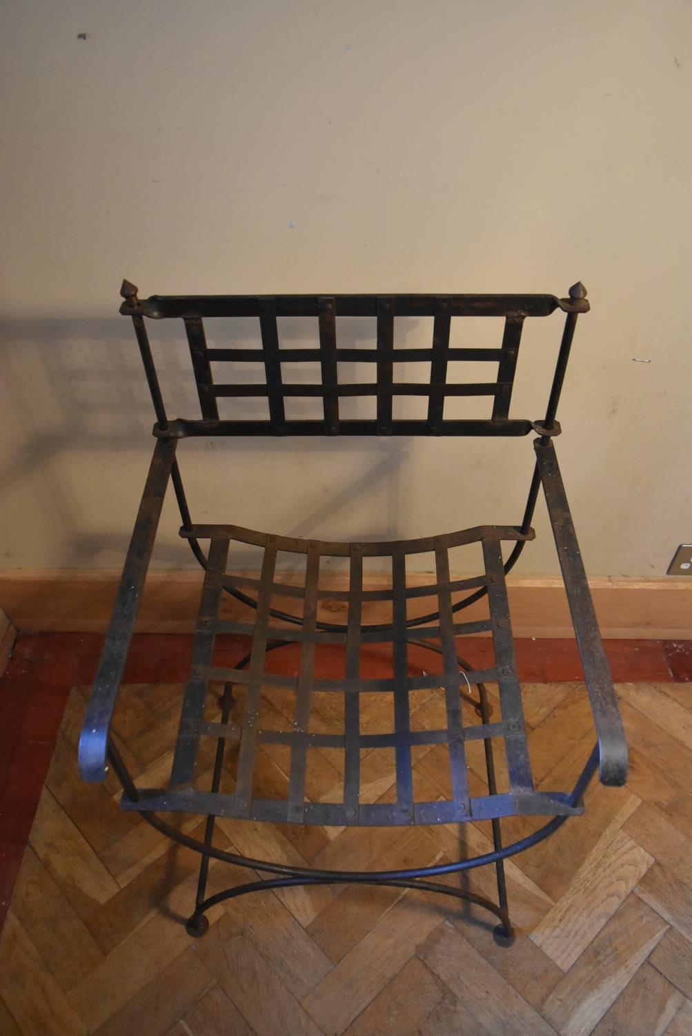 A wrought iron X frame throne armchair and a similar chair. H.91 W.52 D.44cm - Image 6 of 7