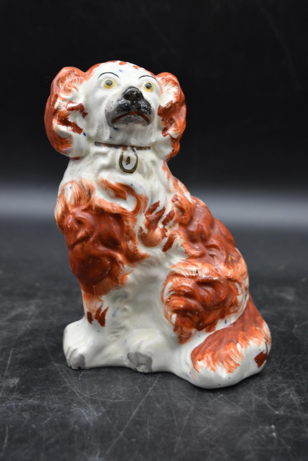 A collection of three 19th century tan and white Staffordshire spaniels. Largest H.26 W.19cm (3) - Image 4 of 9