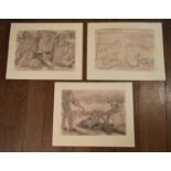 A set of three mounted charcoal drawings, people on a beach, unsigned. H.41 W.51cm (3)