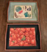 Two twin handled trays printed with vegetables. H.6 W.60 D.46cm (2)
