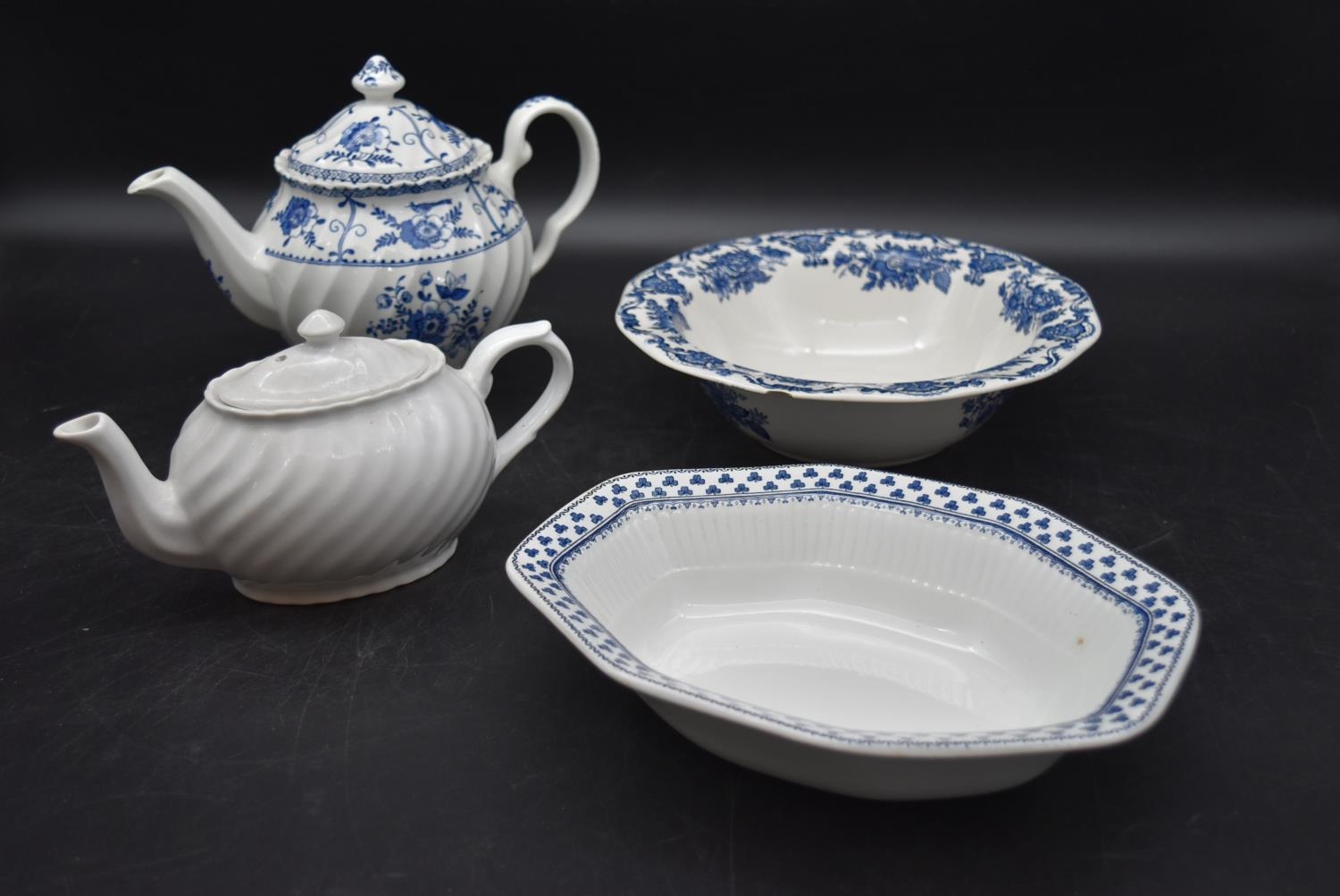 A Johnson Brothers 'Indies' design original stamped teapot along with a white unmarked teapot and