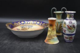 A collection of decorative porcelain. Including, a Noritaki Japanese hand painted dish and vase with