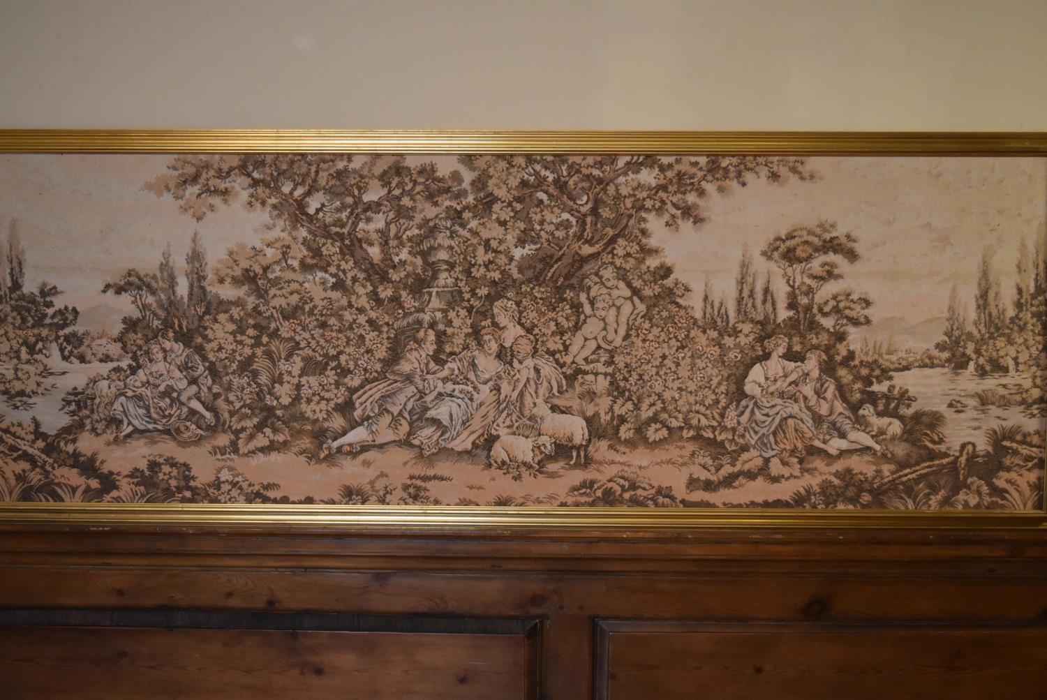 A large gilt framed Aubusson style wall hanging of a garden courting scene. H.75 W.204cm - Image 2 of 6
