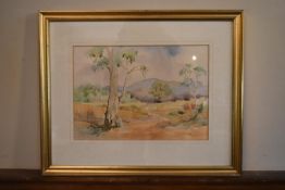 Mollie McCloskey- A framed and glazed watercolour titled ' Cambewarra', signed by artist. Label