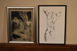 A framed print on glass and a print of a male torso. H.54 W.37cm (2)