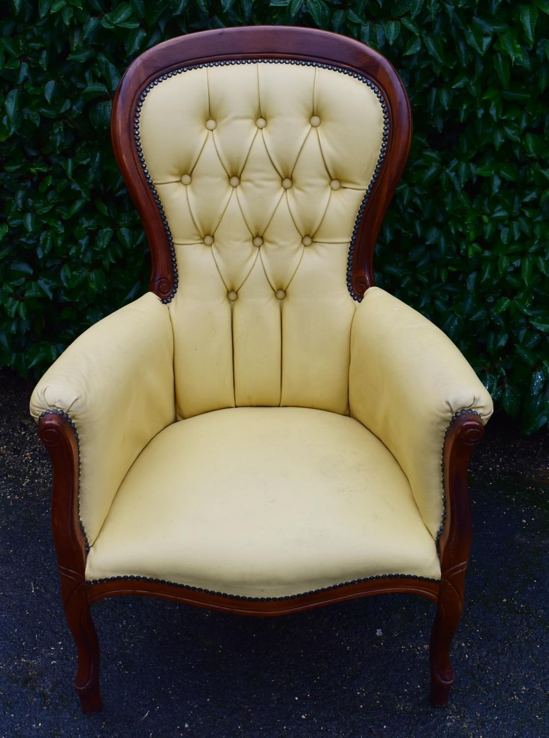 A 19th century style mahogany framed armchair in deep buttoned faux leather upholstery. H.102 W.70 - Image 2 of 4