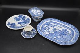 A collection of 20th century blue and white chinaware, including a serving dish, cup and saucer,