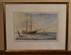 A framed and glazed watercolour, Snow-rigged brig, signed Robert Horne. H.57 W.74cm