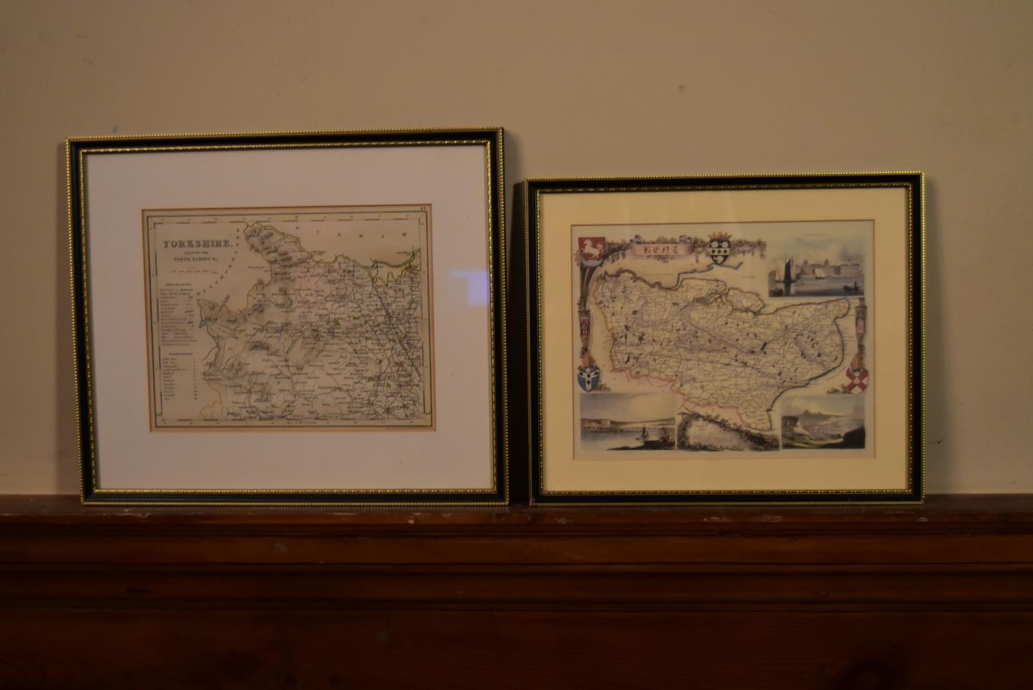 Two framed and glazed vintage ordinance survey maps, one of Yorkshire and one of Kent. H.31 W.