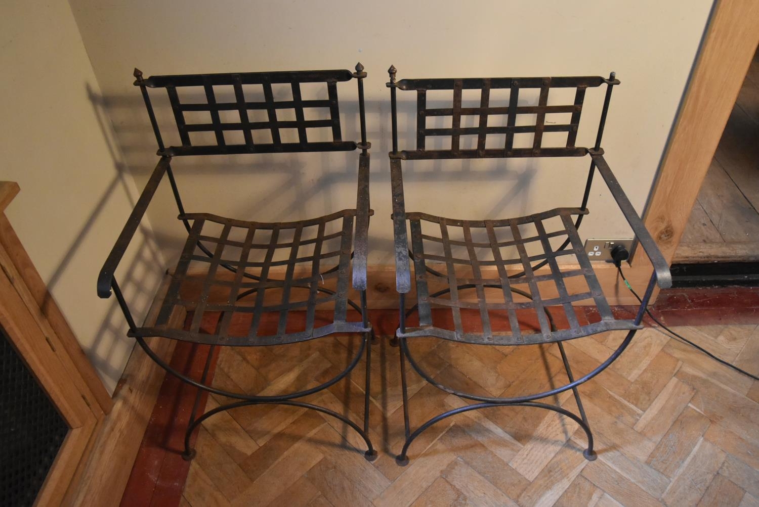 A wrought iron X frame throne armchair and a similar chair. H.91 W.52 D.44cm - Image 4 of 7