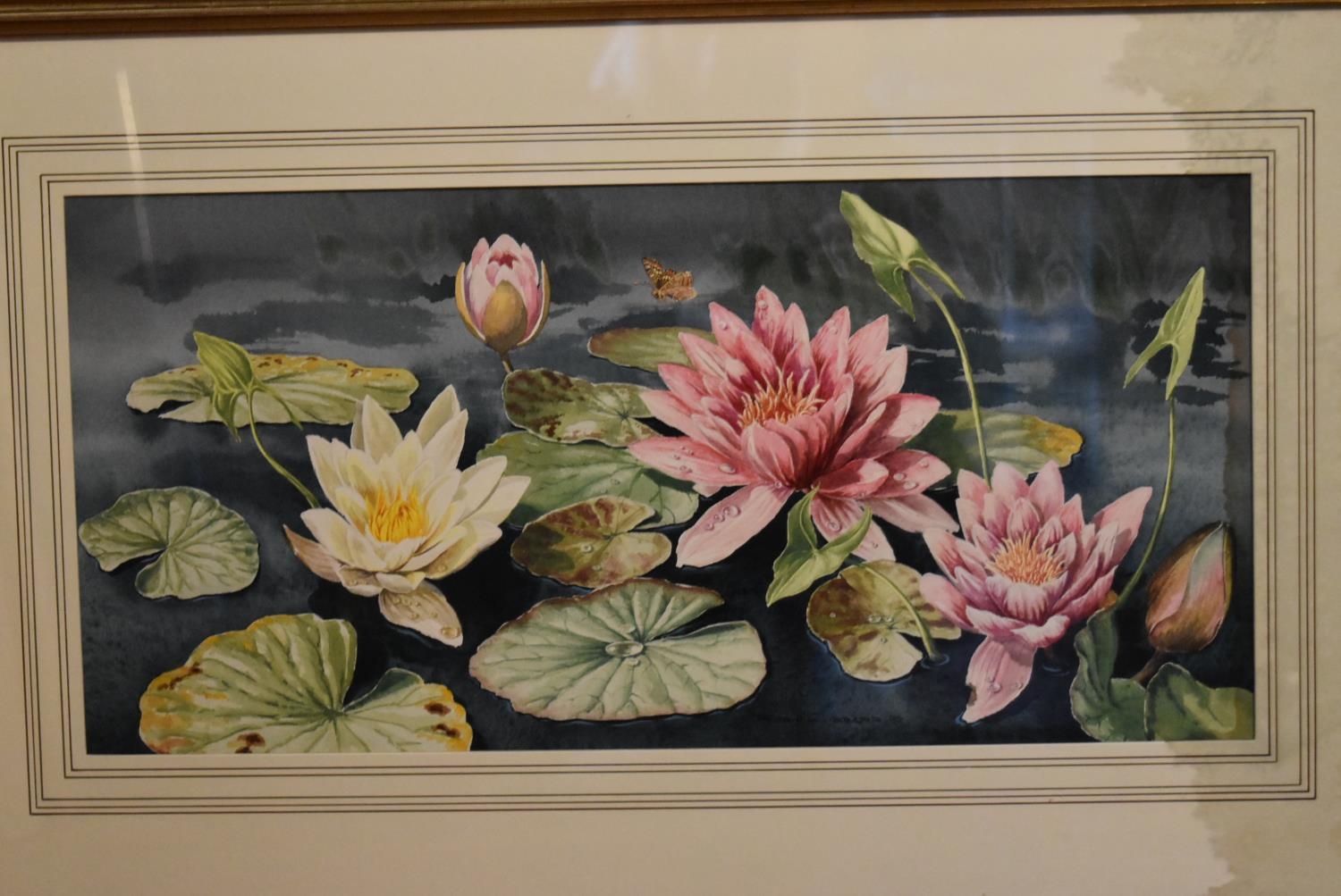 Robin Gibbard - A gilt framed watercolour, 'Lily Pond' Signed and labelled to verso. H.48 W.73cm ( - Image 2 of 7