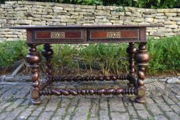 A 19th century Spanish rosewood writing table with gadrooned top above frieze drawers raised on