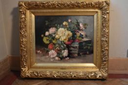 E.H Cauchois (1850-1911) - A gilt framed oil on canvas, Still Life flowers, 'Nature Monte', signed.