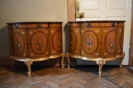 A pair of 19th century style satinwood console sideboards of shape and bowed demi lune outline with