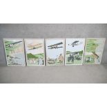Five framed and glazed vintage woodblock prints of famous aircrafts and their pilots. H.78 W.50cm