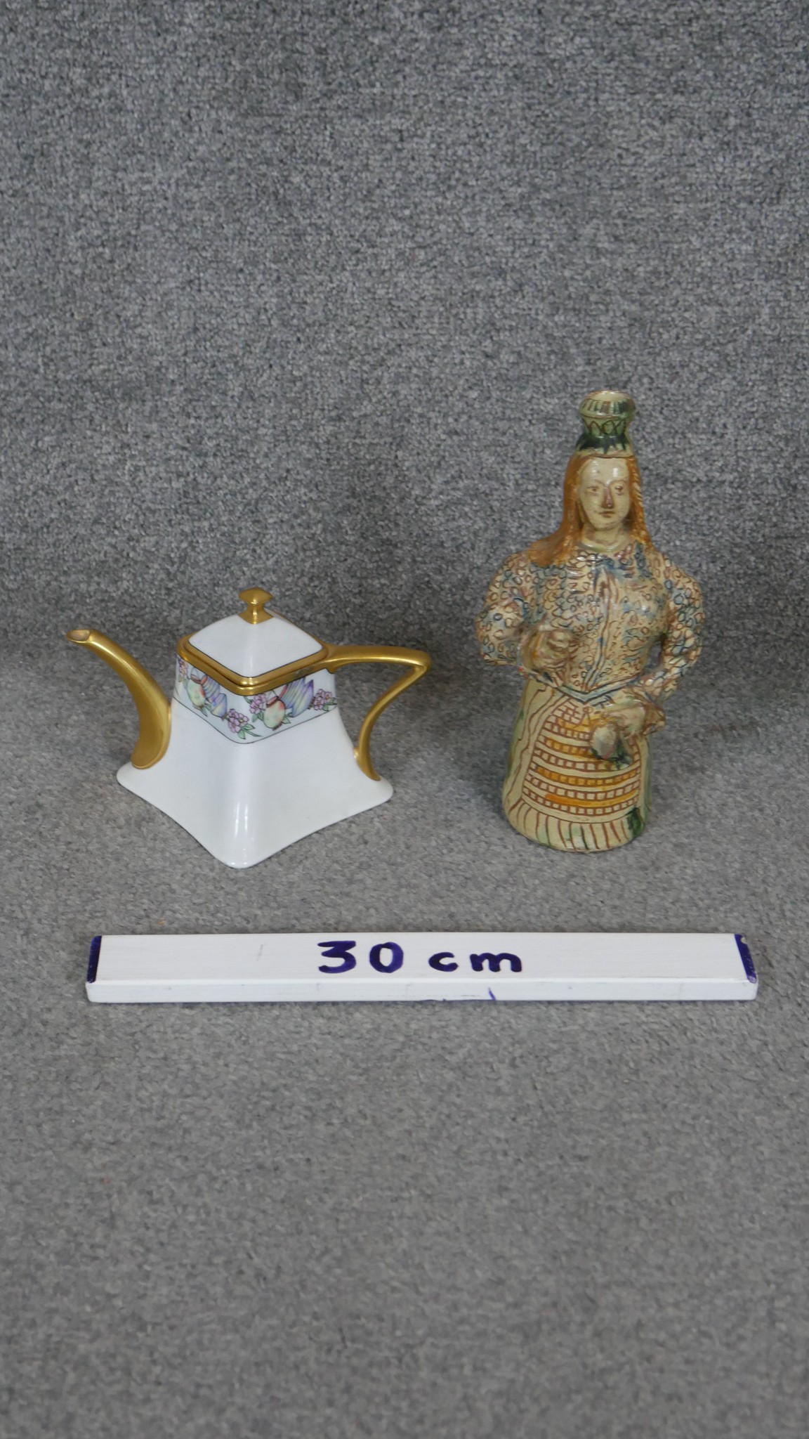 A glazed ceramic bottle in the form of a lady along with a Bavarian hand painted and gilded coffee - Image 2 of 5