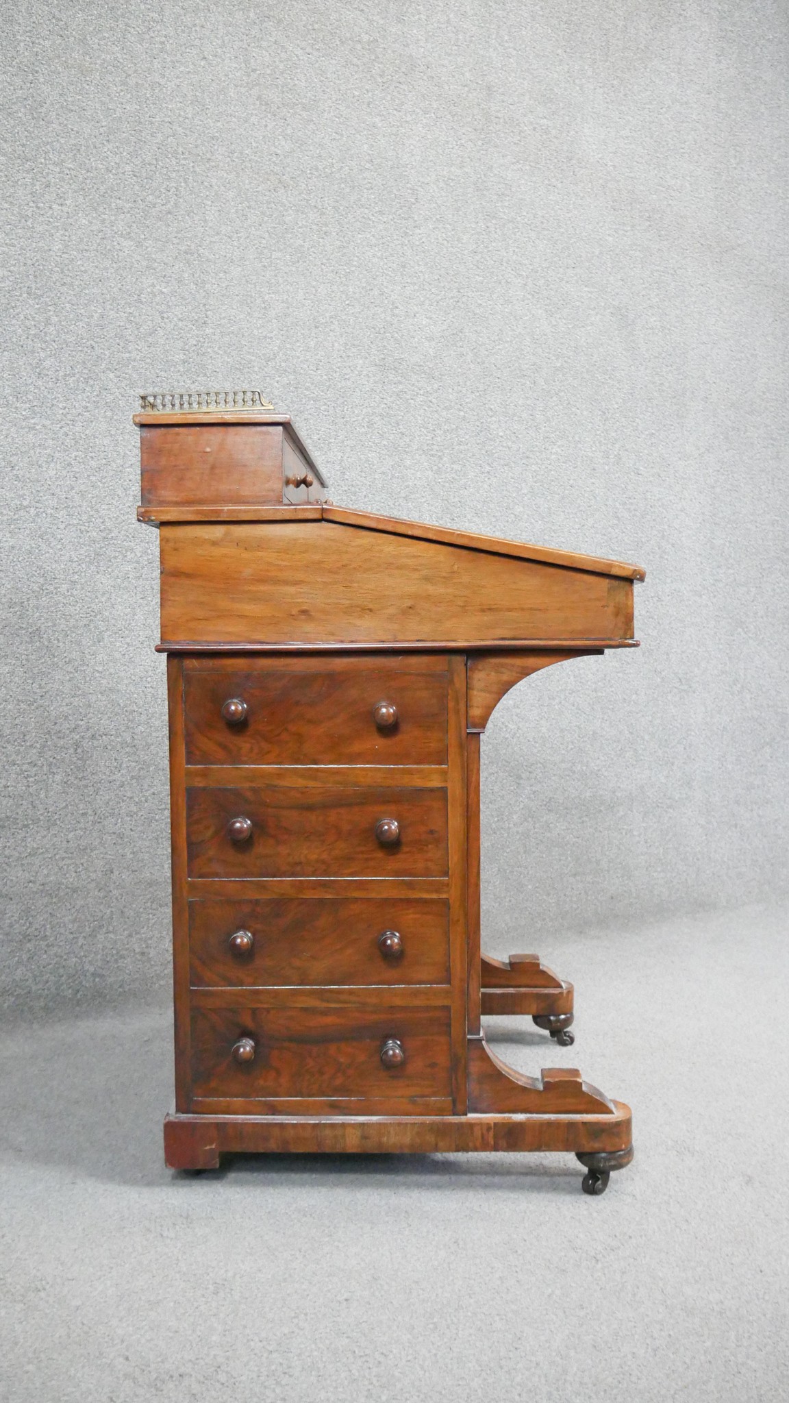 A 19th century figured walnut Davenport with brass galleried and fitted superstructure above leather - Image 3 of 7