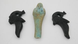 An Egyptian style turquoise glaze ceramic faience Ushabti (damaged) and two carved hardstone