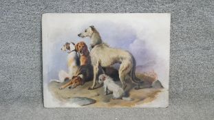 After Sir Edwin Henry Landseer- An oil on board of five dogs on a hill. Indistinctly signed, label