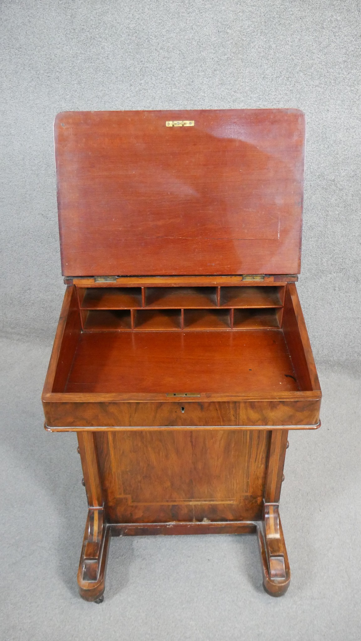 A 19th century figured walnut Davenport with brass galleried and fitted superstructure above leather - Image 6 of 7