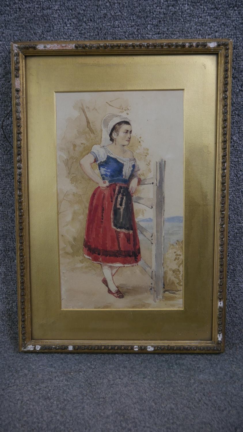 Two 19th century gilt framed and glazed watercolours of two figures in traditional costume. - Image 4 of 8