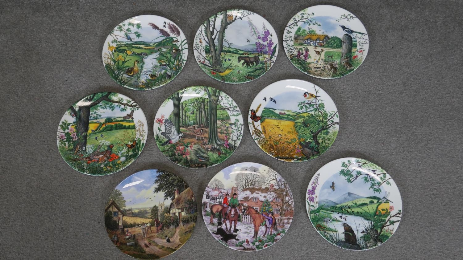 A collection of nine Wedgwood tranfer design with added hand painted details collectors plates.