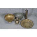 A collection of brass ware. Including a Turkish coffee grinder, a pedestal bowl and an engraved
