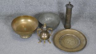 A collection of brass ware. Including a Turkish coffee grinder, a pedestal bowl and an engraved