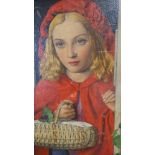 An oil on panel of little red riding hood with a woven straw basket. Unsigned. H.36 W.25cm