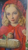 An oil on panel of little red riding hood with a woven straw basket. Unsigned. H.36 W.25cm