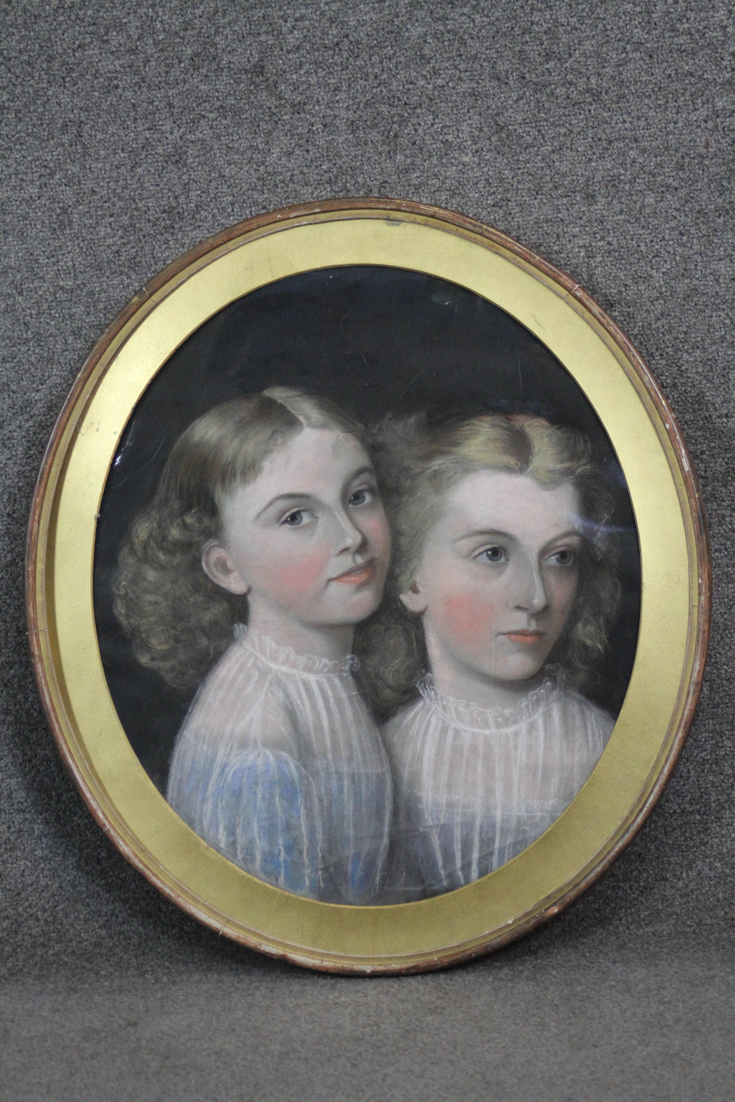 A gilt framed 19th century pastel portrait of two sisters. Unsigned. H.64 W.54cm - Image 2 of 3